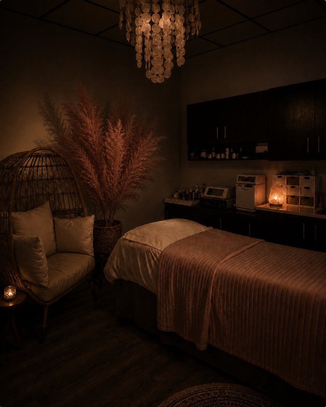 Inside Shira Beauty studio — warm candlelit treatment room with rattan egg chair, dried pampas grass, and ambient lighting